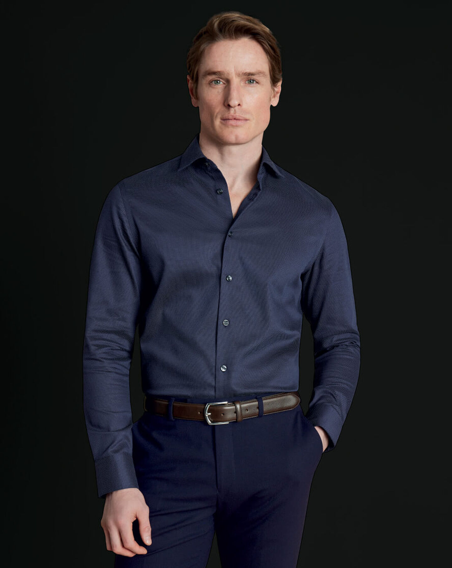 Chemise extensible à pois texturés et col semi-italien sans repassage - Bleu de France