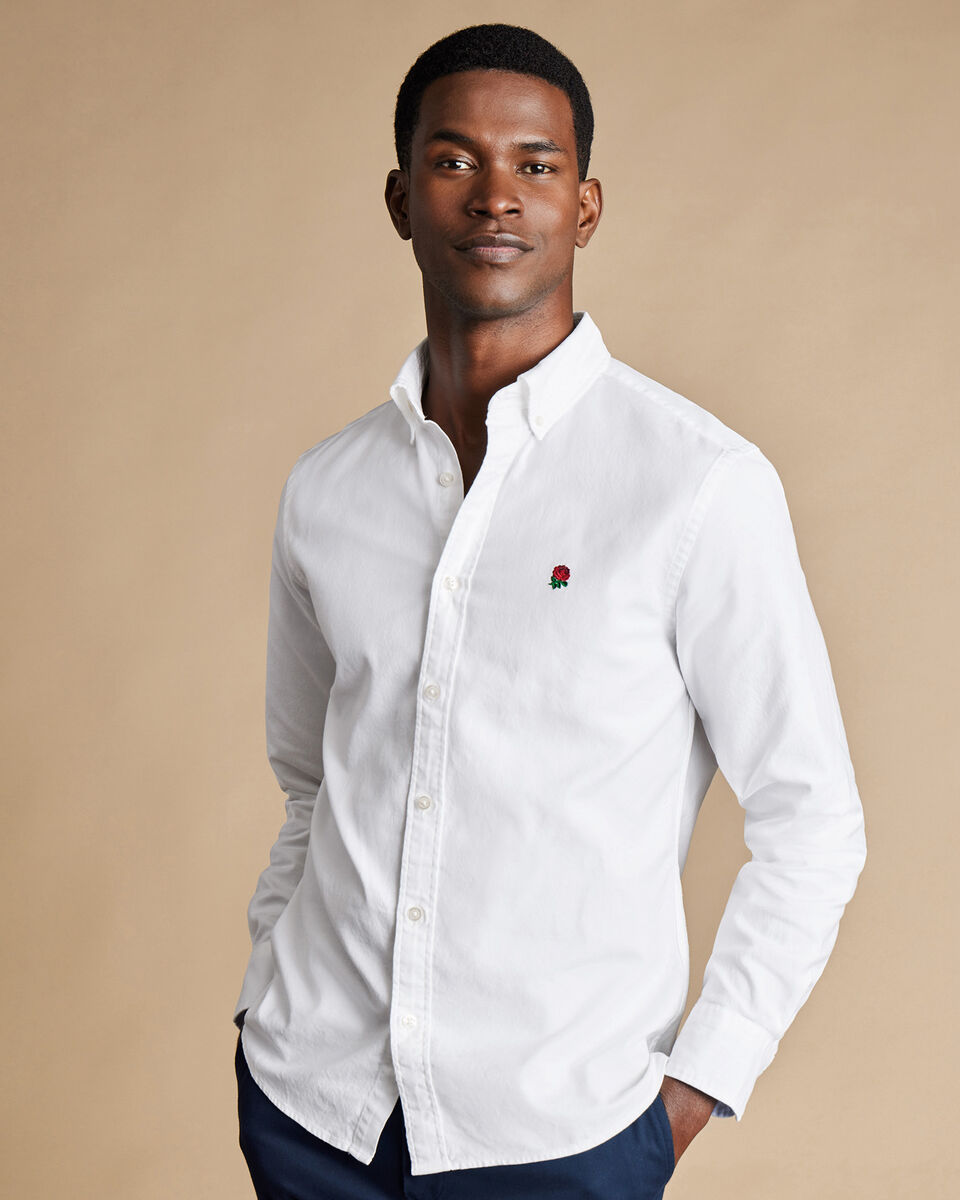 England Rugby Button-Down Collar Washed Oxford Shirt with Red Rose ...