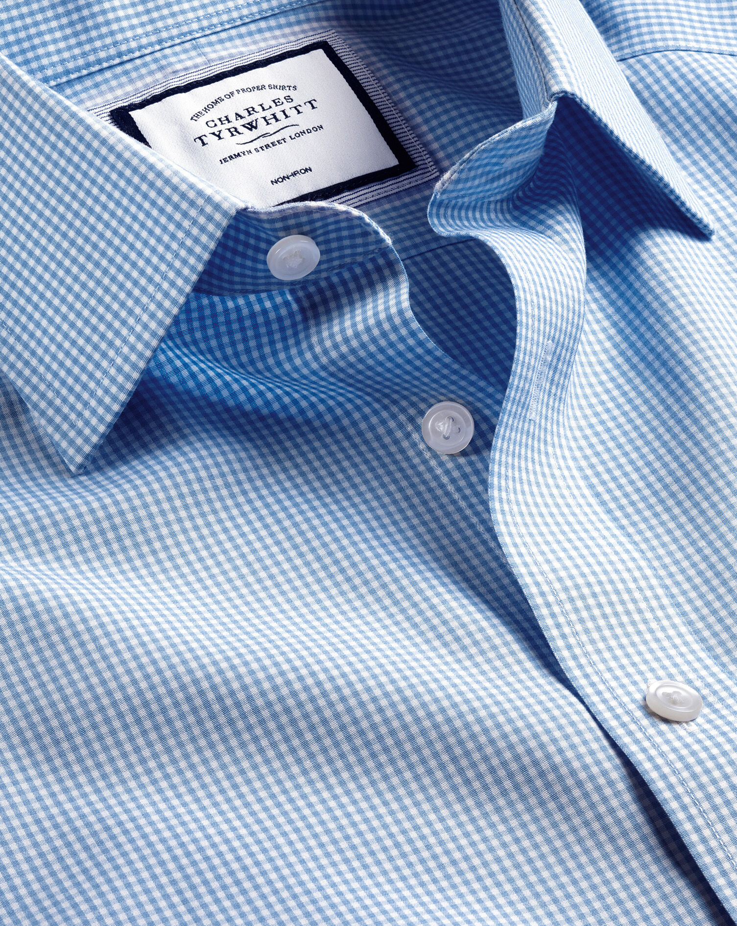 Cutaway Collar Non-Iron Mini Gingham Check Shirt - Cornflower Blue 