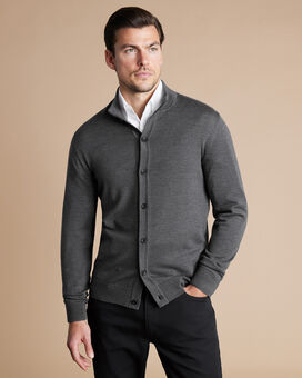 Cardigan à col cheminée boutonné en mérinos - Gris