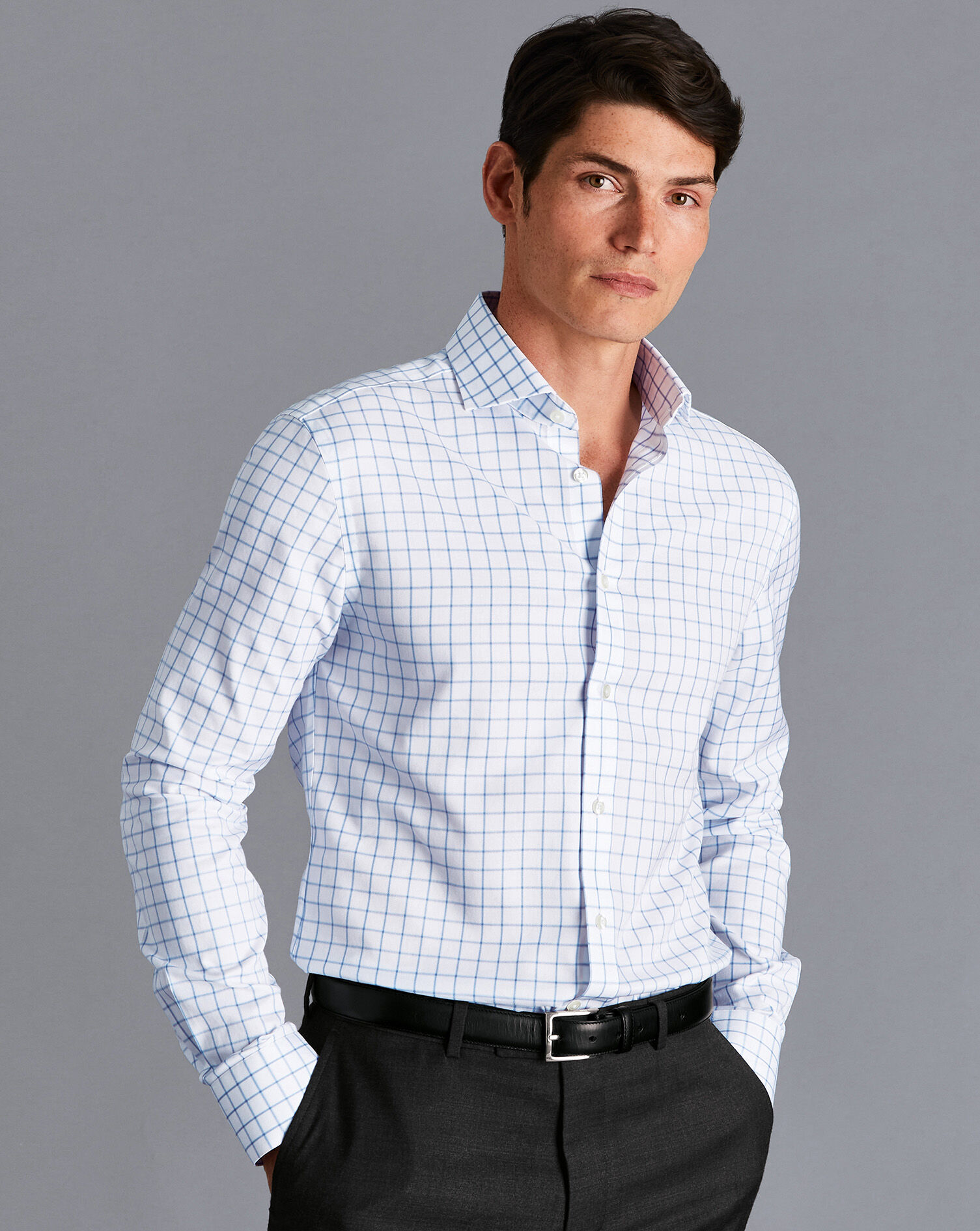Spread Collar Non-Iron Twill Grid Check Shirt - Cornflower Blue