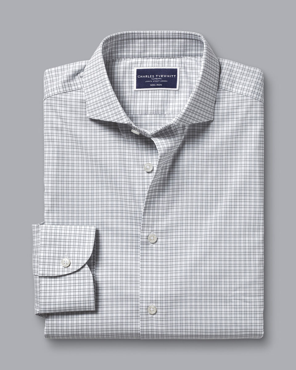Non-Iron Stretch Twill Grid Check Shirt - Silver Grey | Charles Tyrwhitt