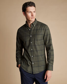 Chemise en sergé à grand motif quadrillé à col boutonné sans repassage - Vert olive