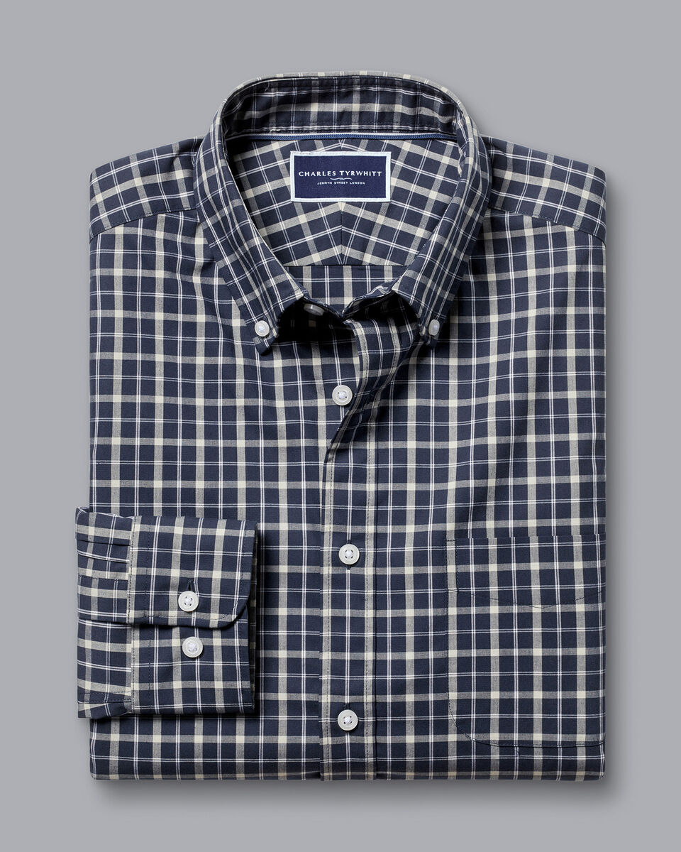 Button-Down Collar Non-Iron Stretch Poplin Check Shirt - Navy | Charles ...