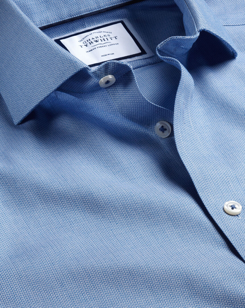 Cutaway Collar Non-Iron Henley Weave Shirt - Ocean Blue | Charles Tyrwhitt