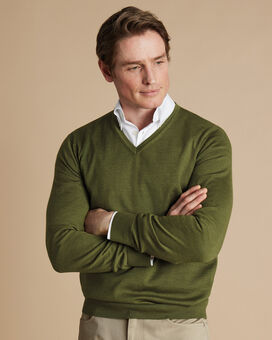 Merino V-Neck Sweater - Moss Green