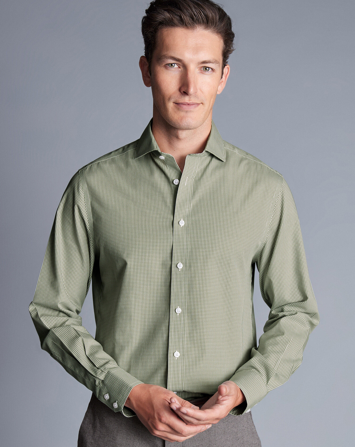 High Spread Collar Shirt, Green outlet Gingham Checks Shirt, 3