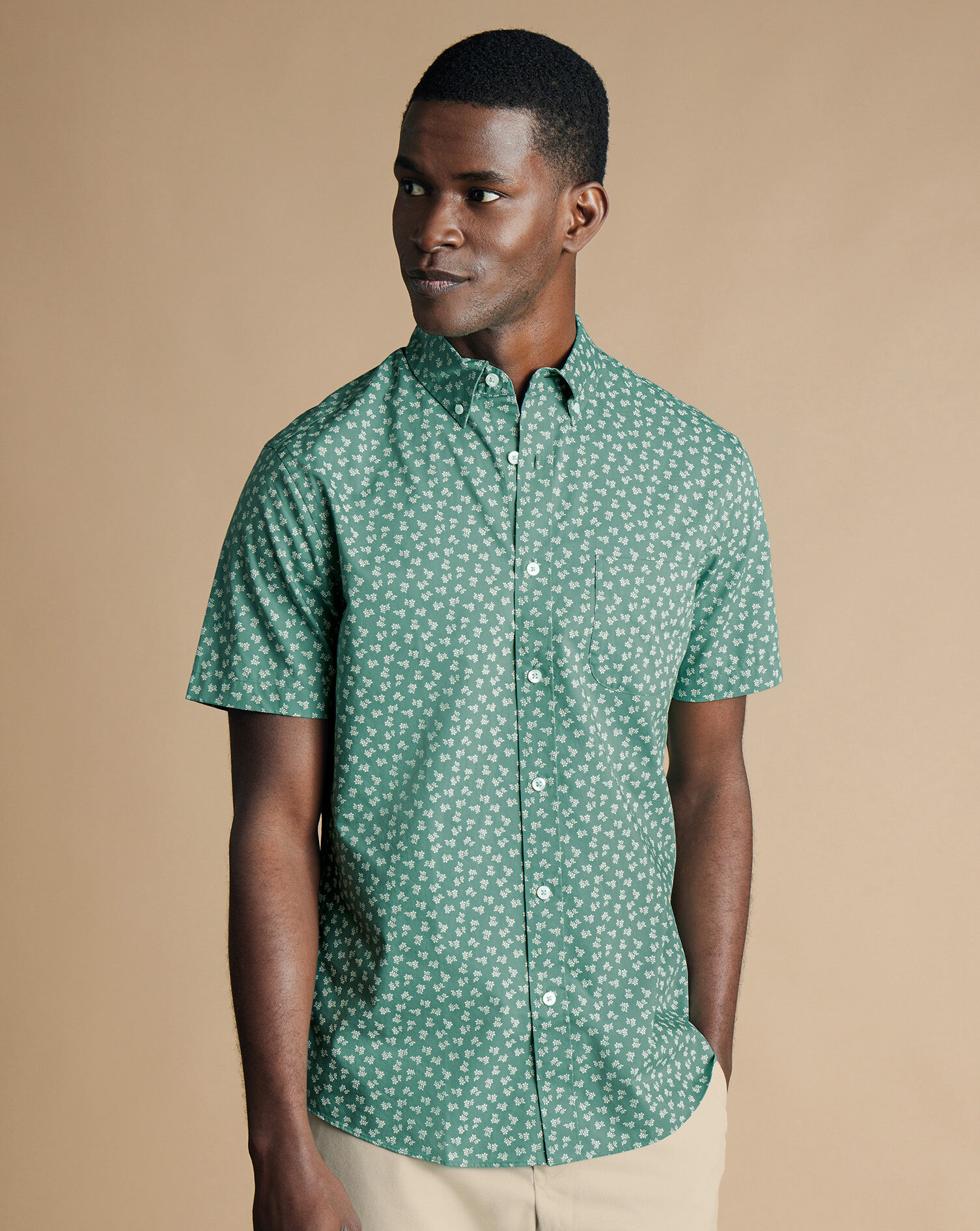 Button-Down Collar Non-Iron Stretch Ditsy Floral Print Short Sleeve Shirt -  Teal Green