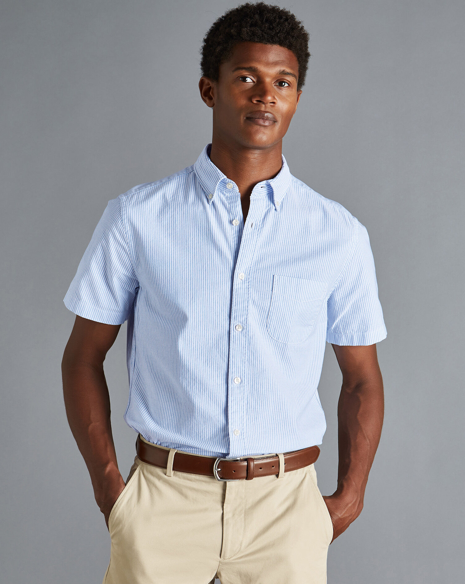 Button-Down Collar Washed Oxford Stripe Short Sleeve Shirt - Ocean