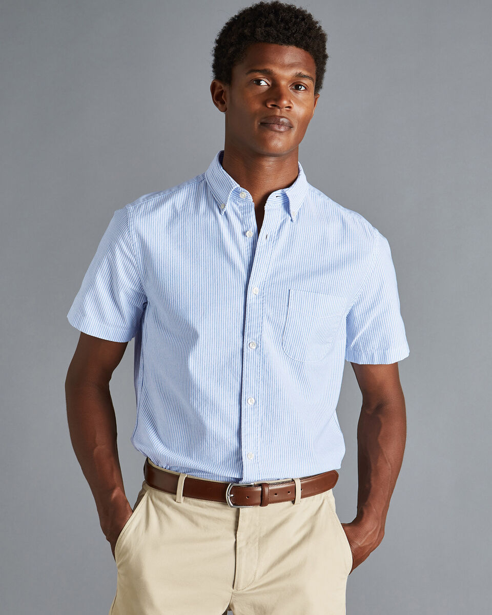 Button-Down Collar Washed Oxford Stripe Short Sleeve Shirt - Ocean Blue ...