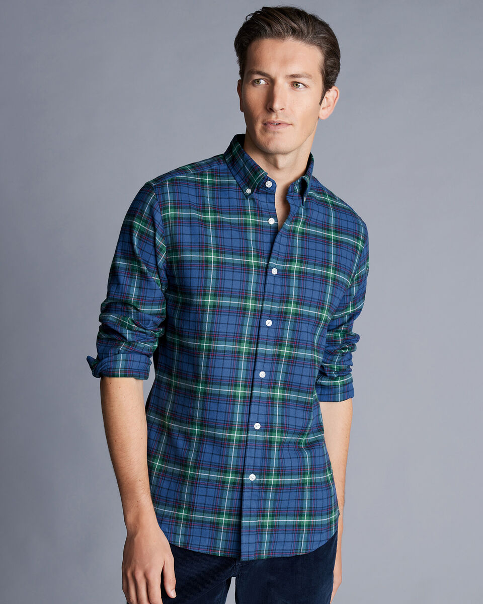 Brushed Flannel Multi Check Shirt - Green | Charles Tyrwhitt