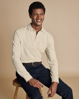 Long Sleeve Tyrwhitt Pique Polo - Stone