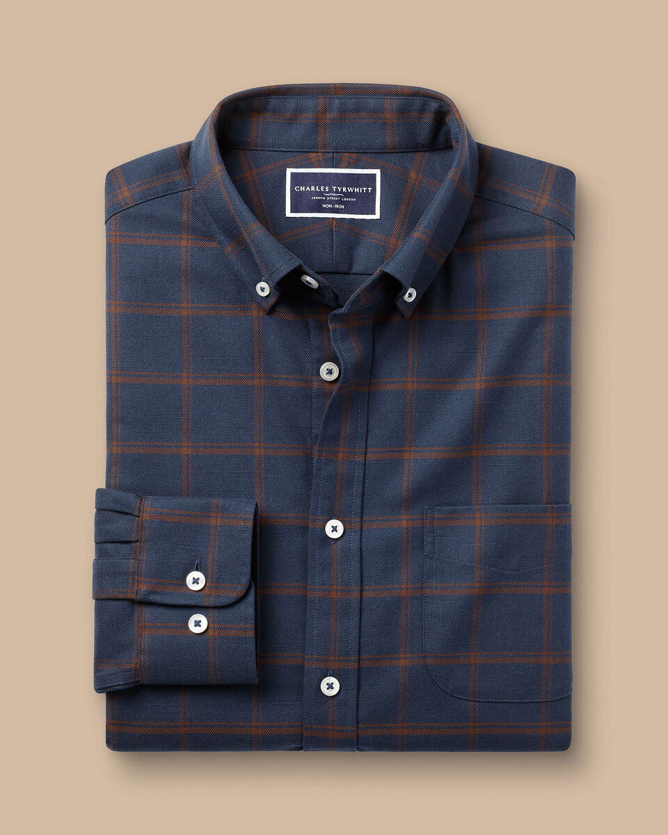 Button-Down Collar Non-Iron Twill Windowpane Check Shirt - Rust & Navy ...