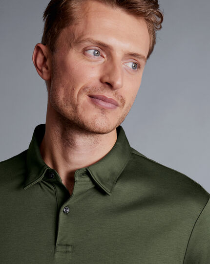 Men's Charles Tyrwhitt Smart Long Sleeve Jersey Polo Shirt - Olive Green Size Medium Cotton