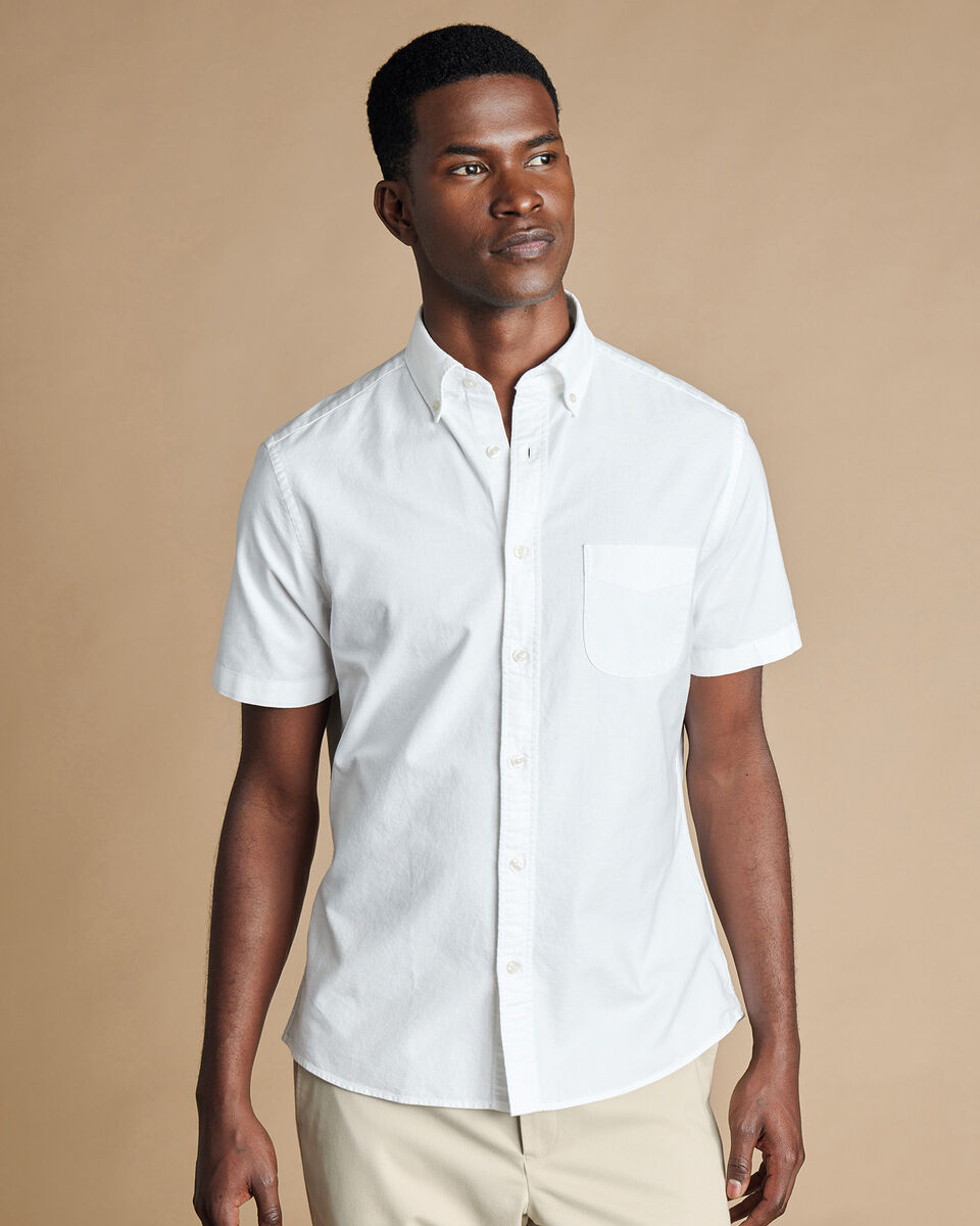 Button-Down Collar Stretch Washed Oxford Short Sleeve Shirt - White ...