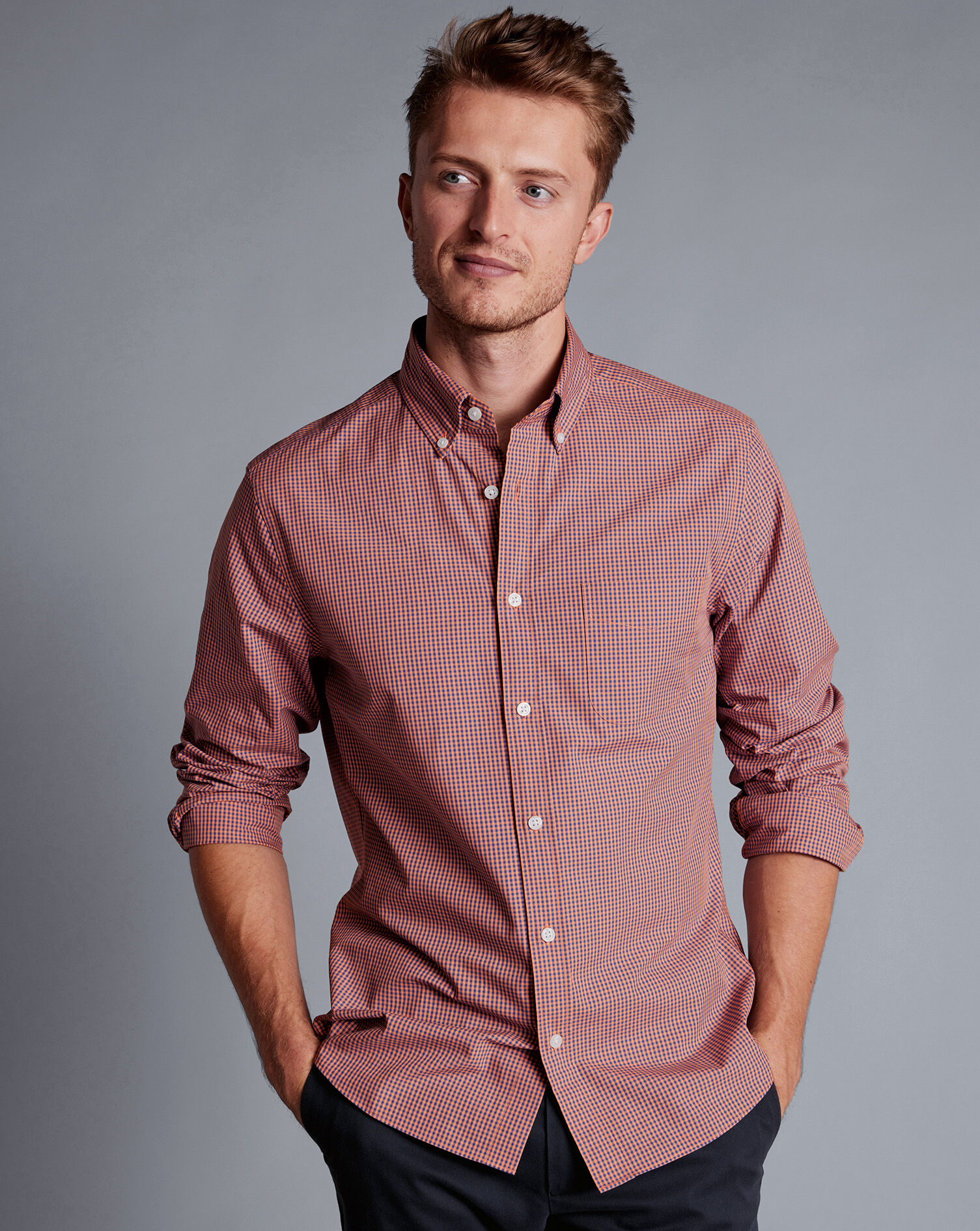 Button-Down Collar Non-Iron Stretch Poplin Mini Gingham Shirt