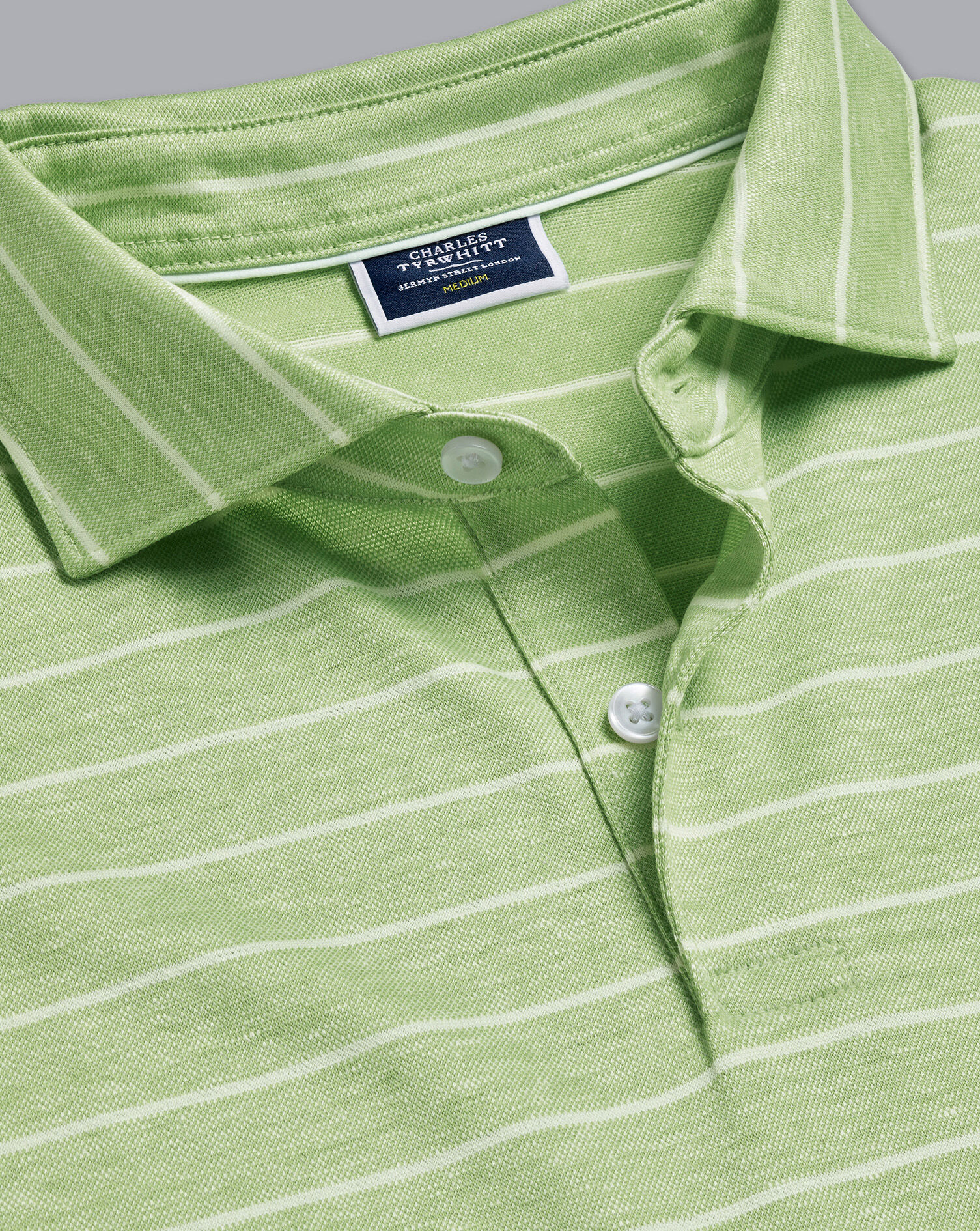 Linen Cotton Stripe Polo - Green | Charles Tyrwhitt