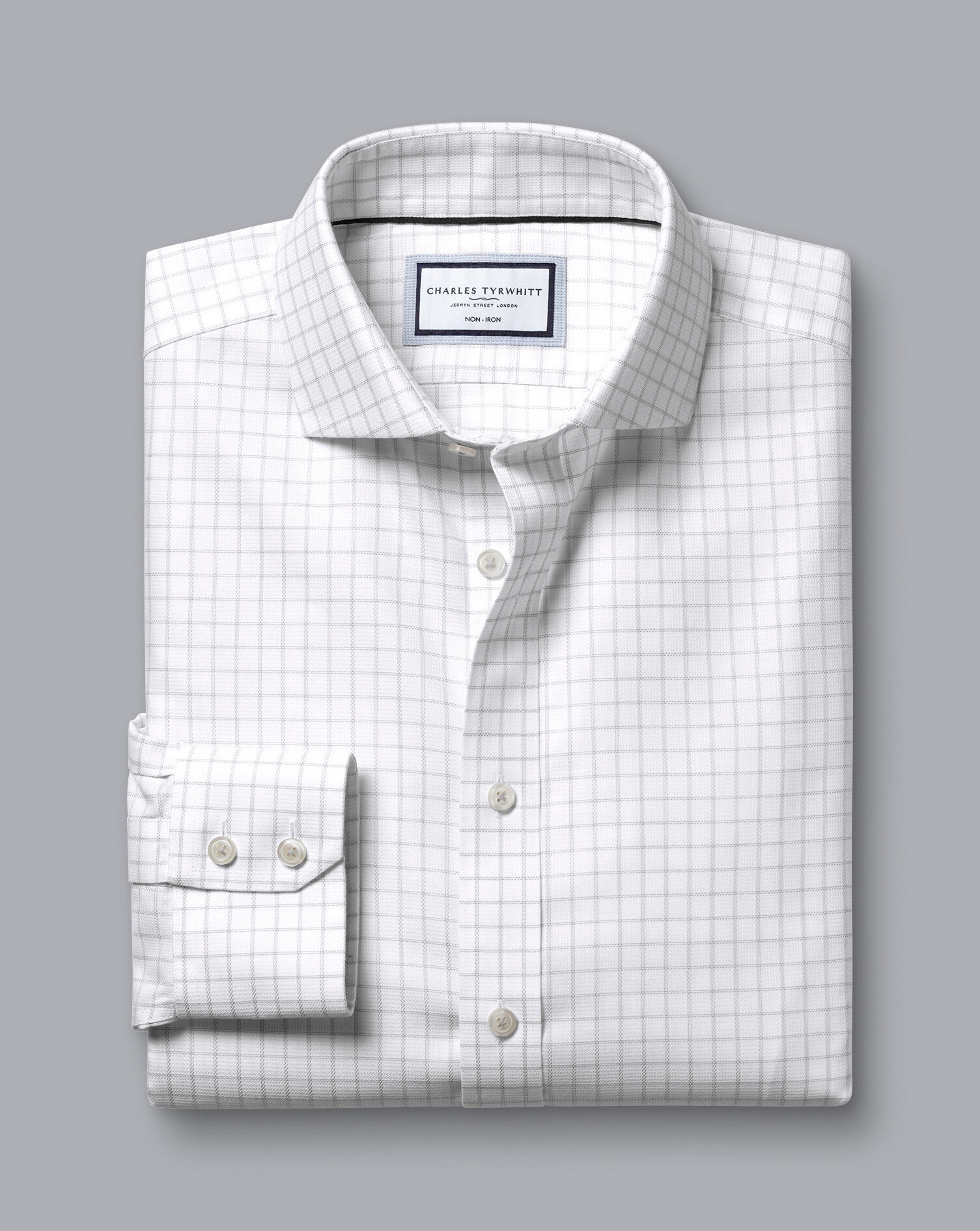 Spread Collar Non-Iron Clifton Weave Check Shirt - Silver Grey