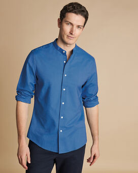 Collarless Stretch Washed Oxford Shirt - Ocean Blue