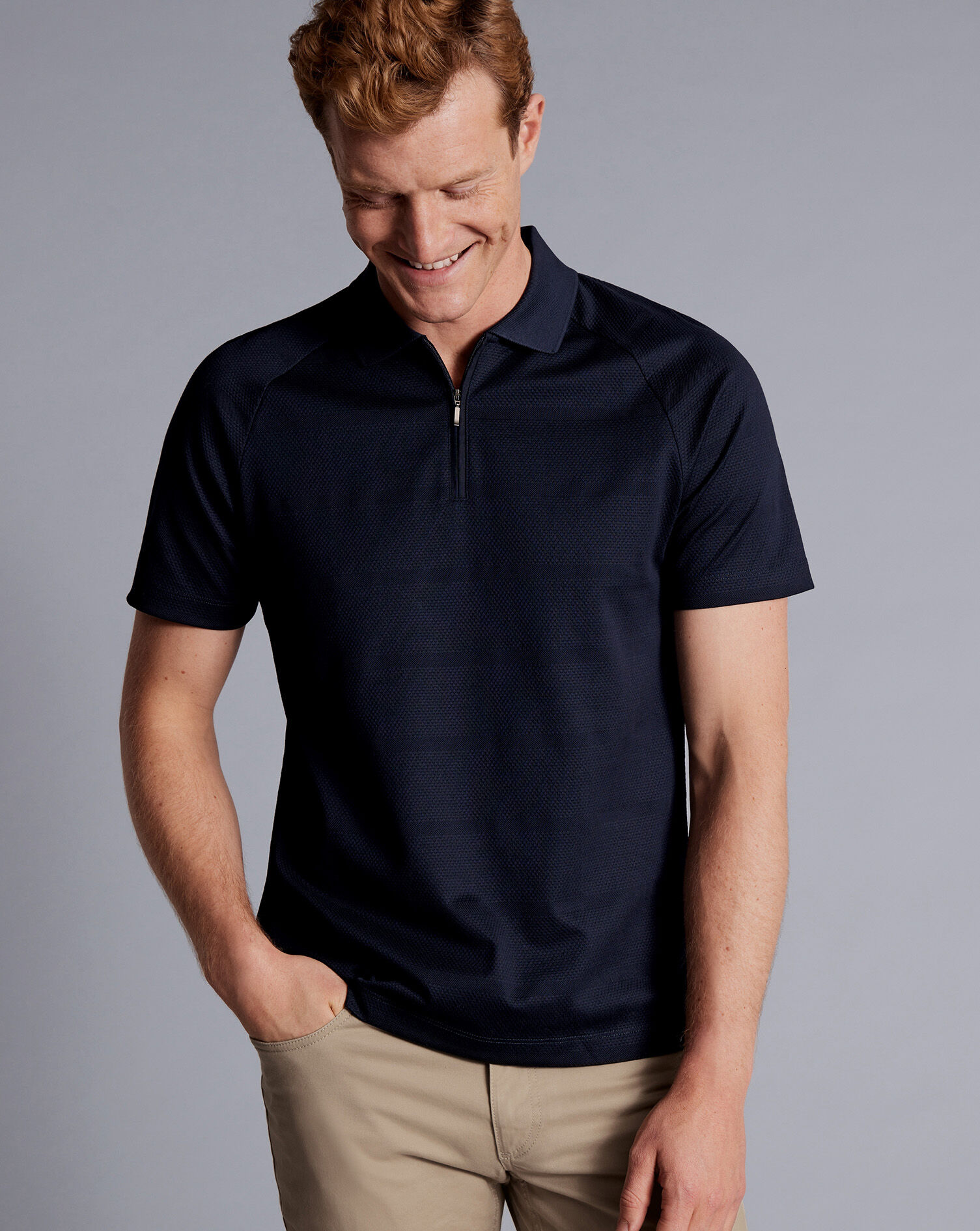 Popcorn Textured Tyrwhitt Cool Zip-Neck Polo - Navy | Charles Tyrwhitt