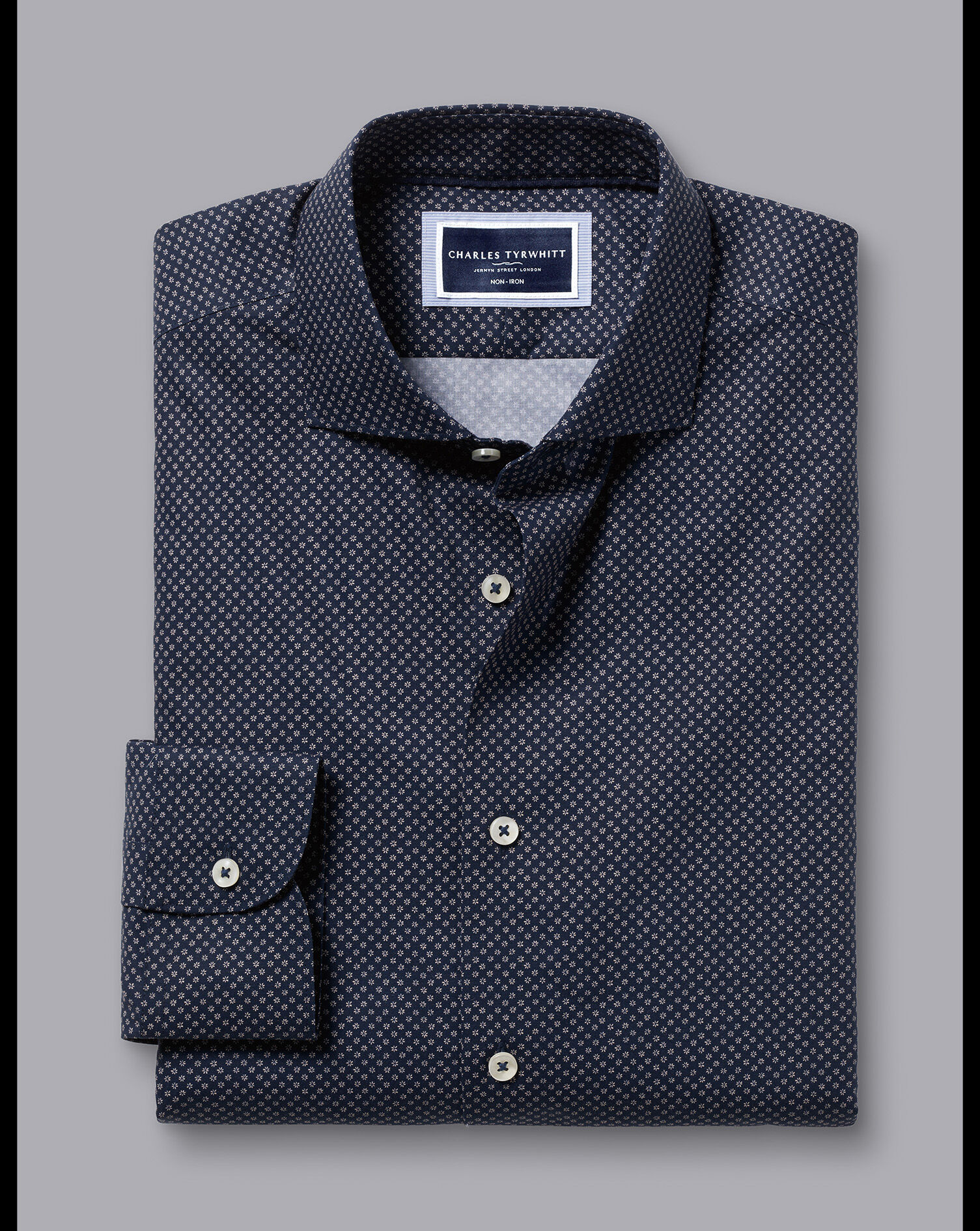 Semi-Spread Collar Mini Floral Print Non-Iron Shirt - Navy Blue