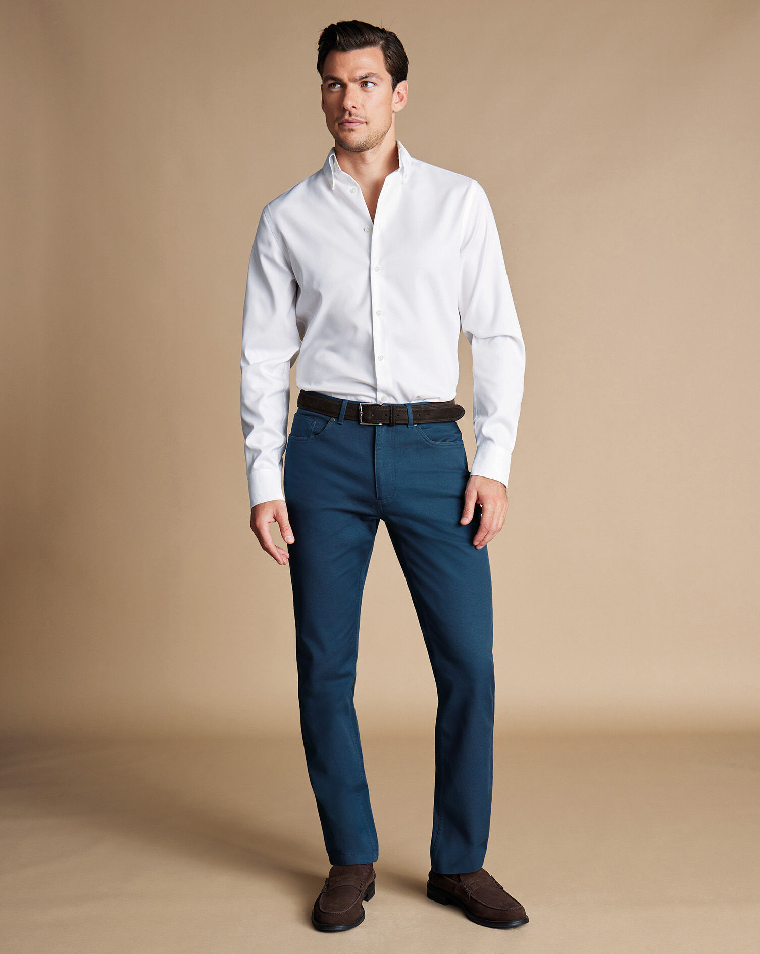 Men's Light Blue Vertical Striped Long Sleeve Shirt, Olive Dress Pants,  Burgundy Leather Watch | Lookastic