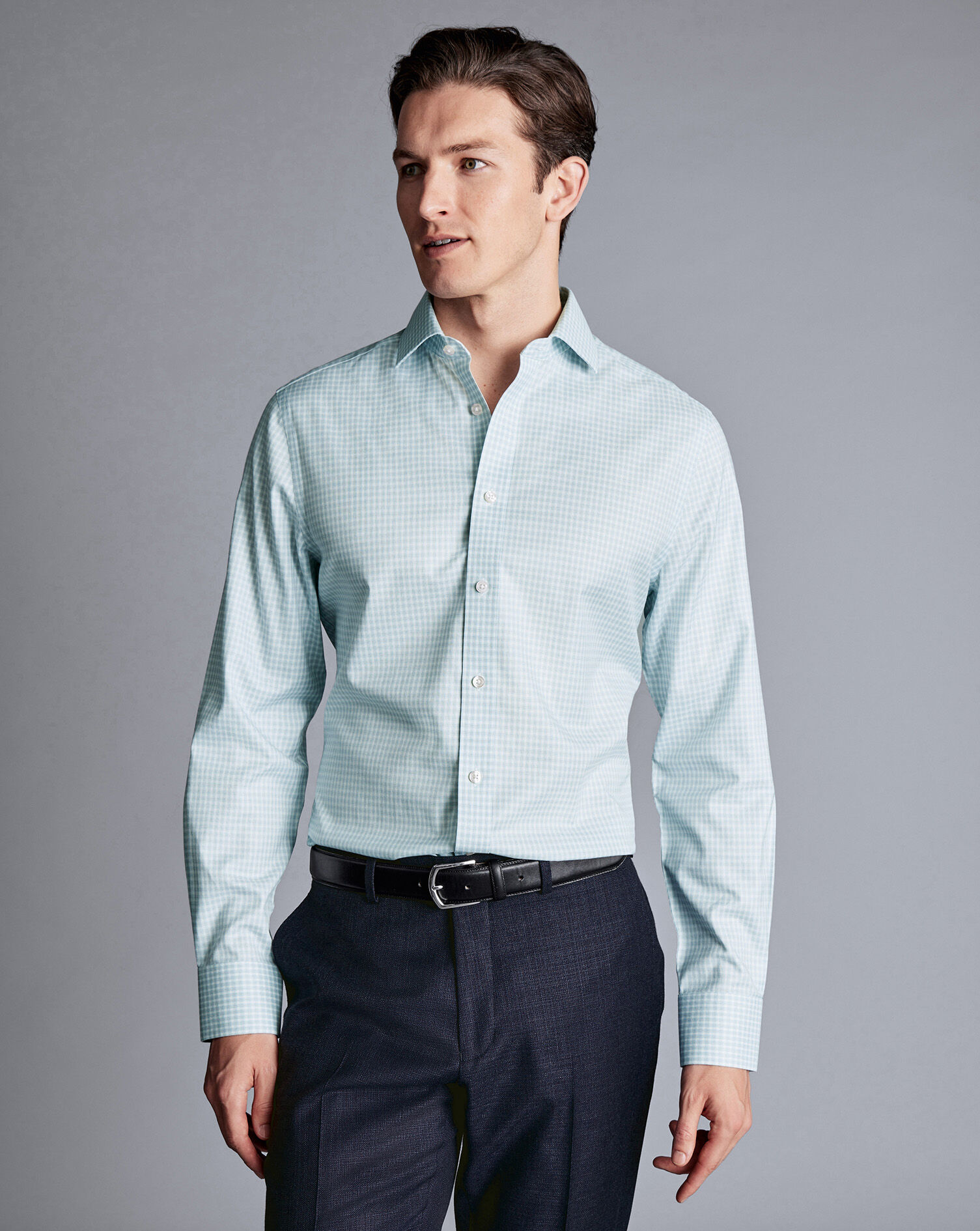 Spread Collar Non-Iron Double Check Shirt - Pale Teal Green