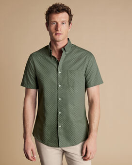Non-Iron Stretch Spot Print Short Sleeve Shirt - Olive Green
