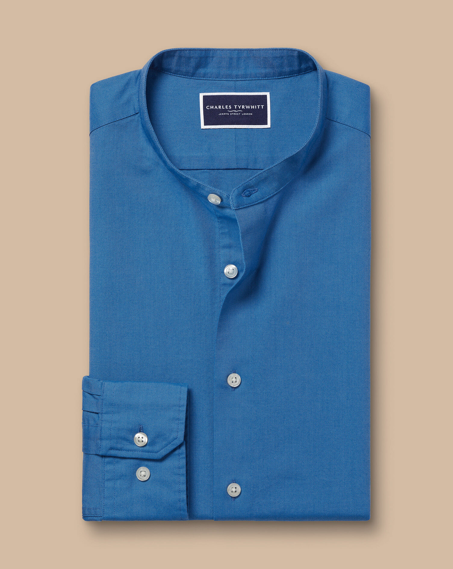 Collarless Stretch Washed Oxford Shirt - Ocean Blue | Charles Tyrwhitt