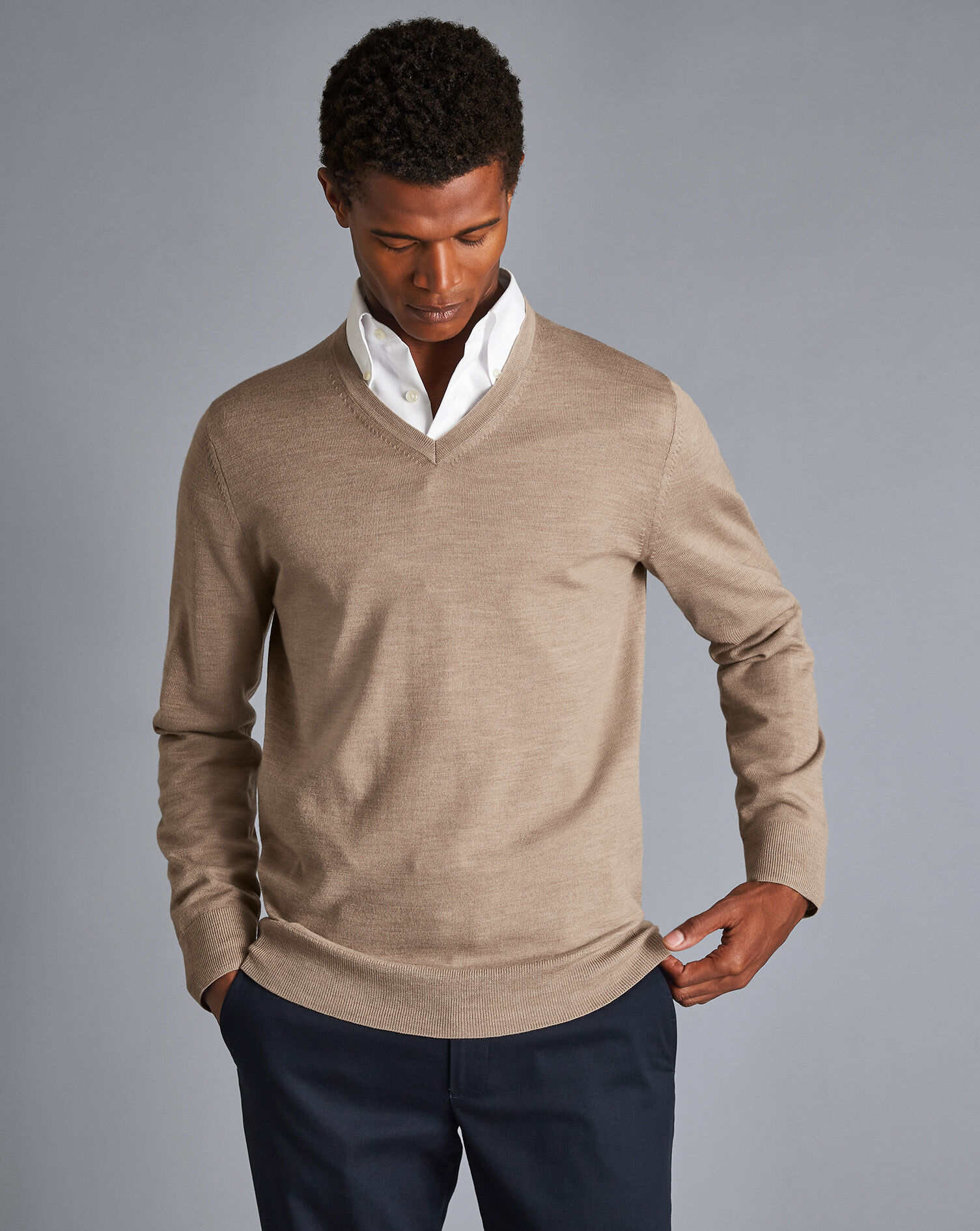 Merino V-Neck Sweater - Oatmeal | Charles Tyrwhitt