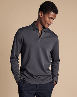 Combed Cotton Long Sleeve Polo - Dark Grey