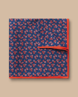 Pochette de costume en soie florale - Bleu de France et Corail