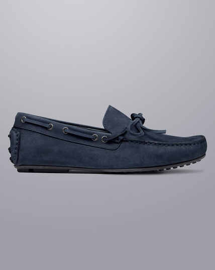 Navy Blue Mens Moccasins with Brown Collar