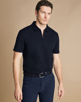 Tyrwhitt Cool Zip-Neck Pique Polo - French Navy