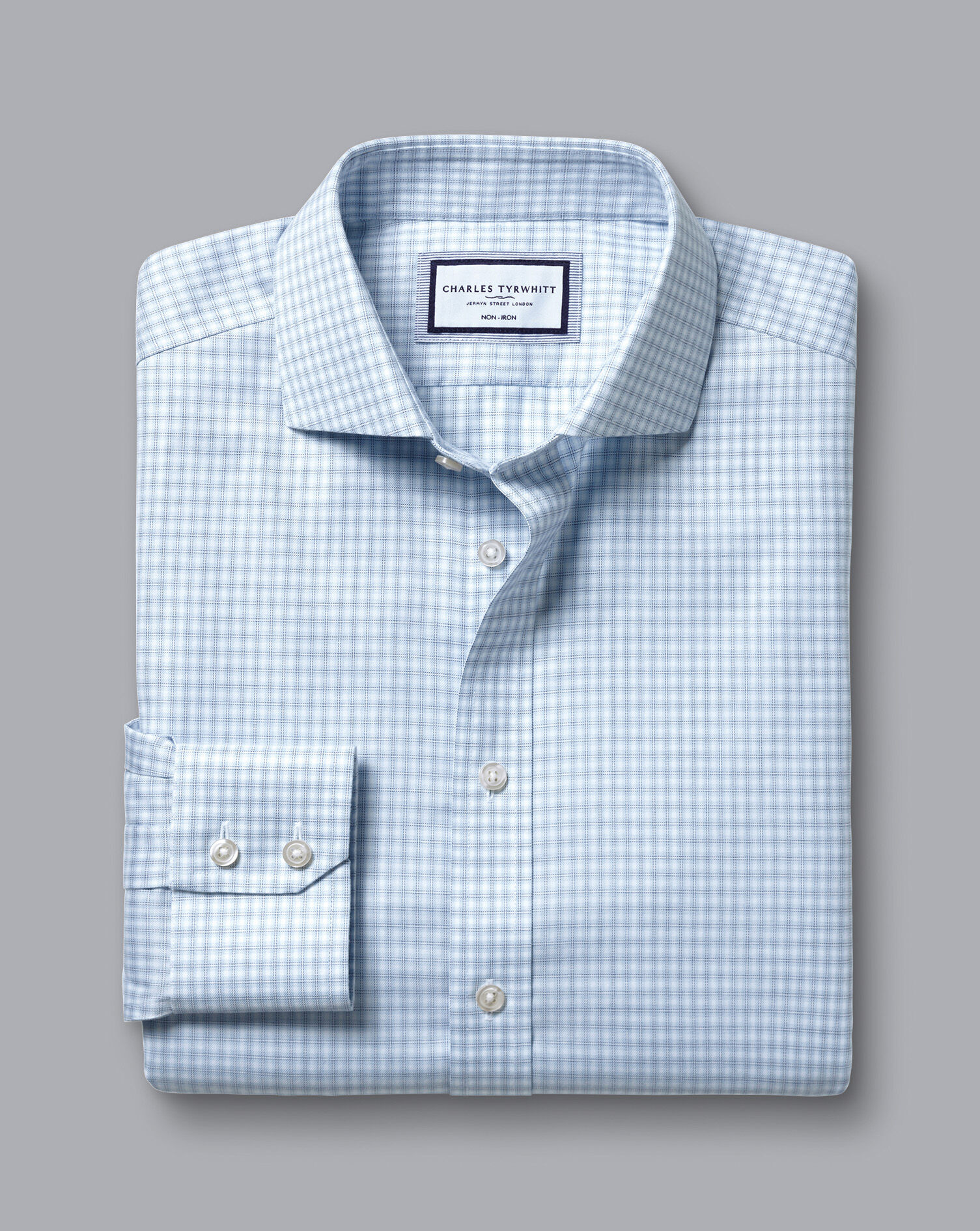 Spread Collar Non-Iron Double Check Shirt - Sky Blue | Charles