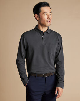 Long Sleeve Tyrwhitt Pique Polo - Charcoal Grey