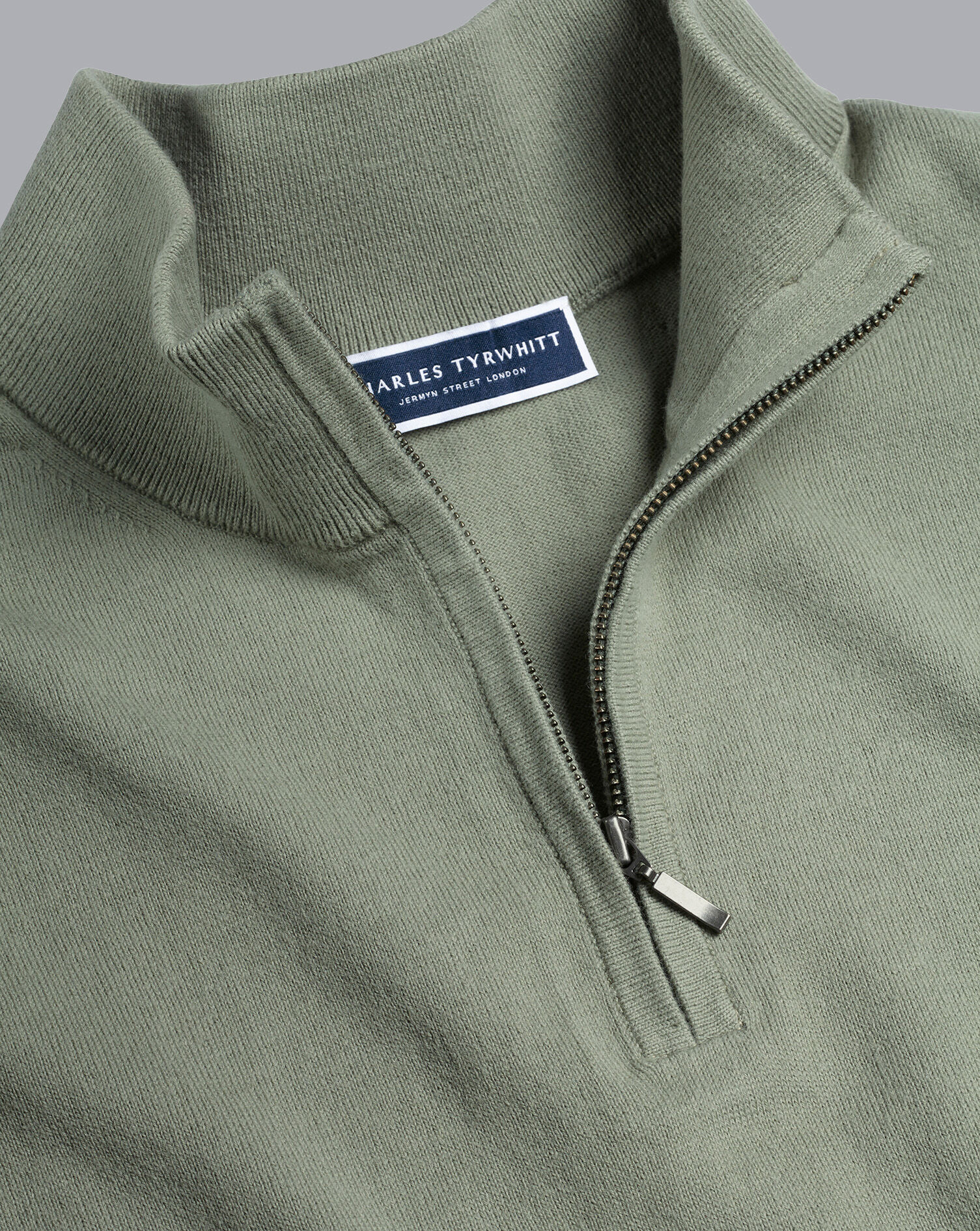 Combed Cotton Zip Neck Sweater - Sage Green