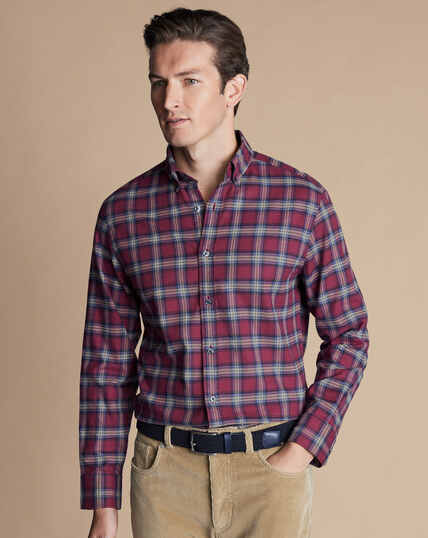 Men's regular long-sleeved shirt checked pattern burgundy red – CROSS JEANS