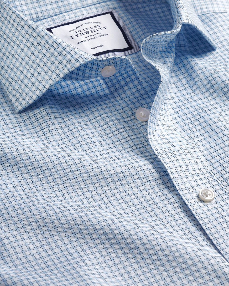 Spread Collar | Windowpane Blue Non-Iron Shirt Charles Mini Twill Steel - Tyrwhitt Check
