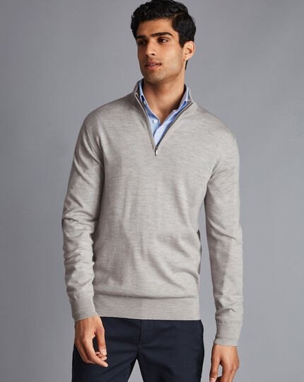Merino Zip Neck Sweater - Silver | Charles Tyrwhitt