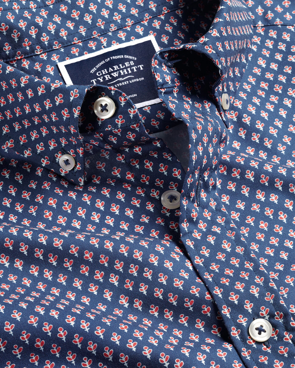 - Collar Shirt Blue Poplin Sleeve Tyrwhitt Non-Iron Royal Leaf Stretch Button-Down | Charles Short Print