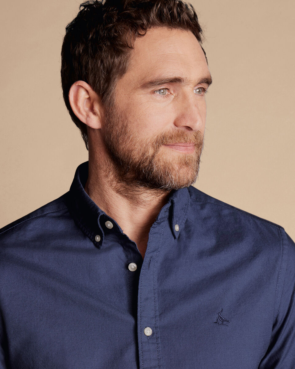 Button-Down Collar Washed Oxford Plain Shirt - Heather Blue | Charles ...
