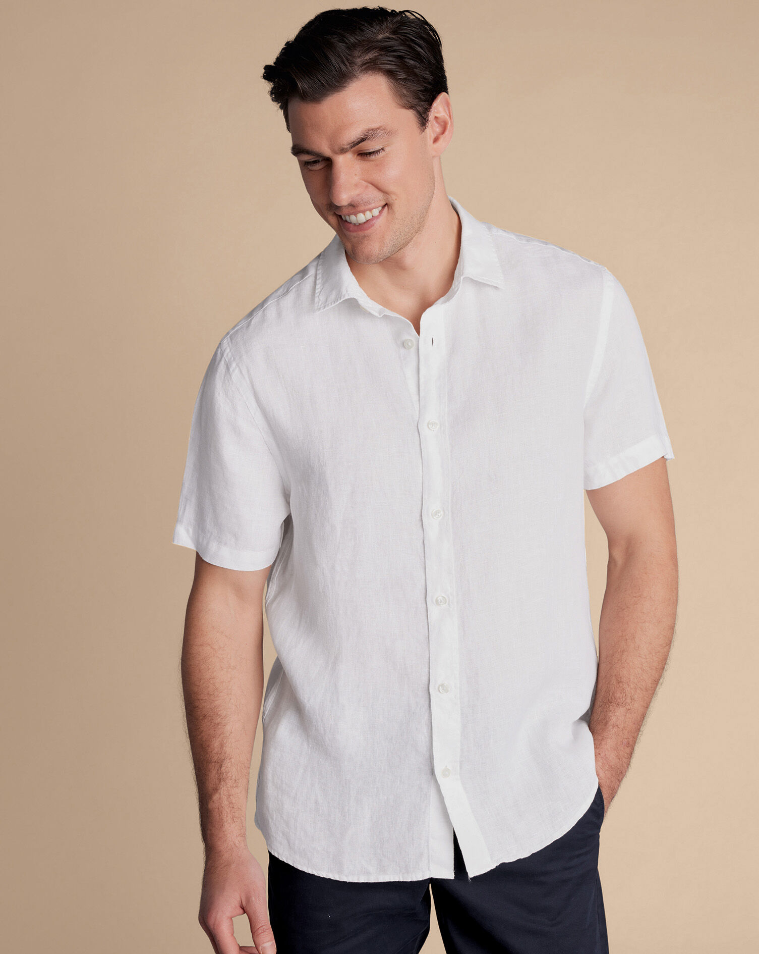 Collarless Cotton Linen Shirt - White | Charles Tyrwhitt