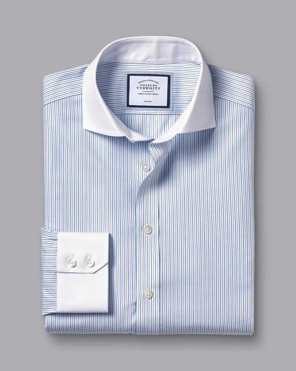 Cutaway Collar Non-Iron Stripe Winchester Shirt - Ocean Blue | Charles ...