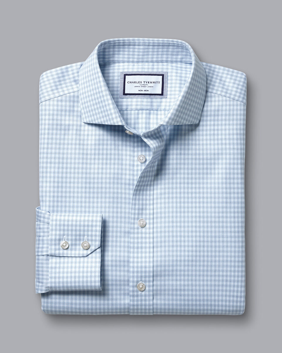Cutaway Collar Non-Iron Double Check Shirt - Sky Blue | Charles Tyrwhitt