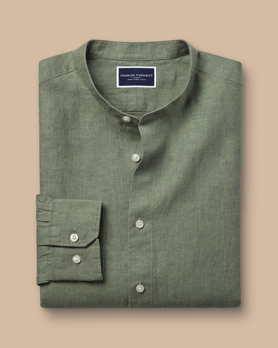 Collarless Pure Linen Shirt - Olive Green | Charles Tyrwhitt