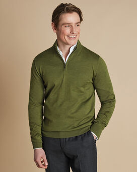 Pull à col zippé en mérinos - Vert mousse