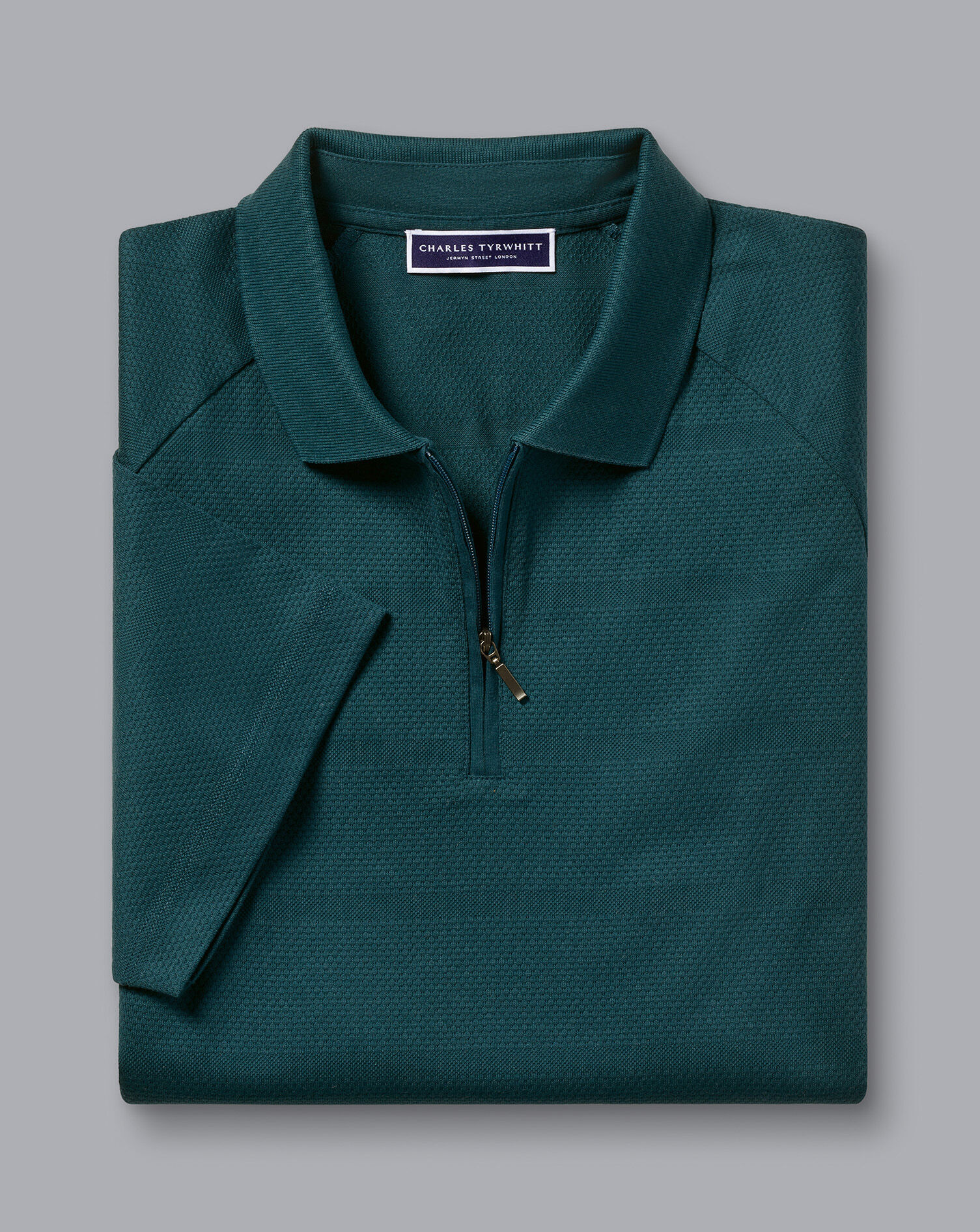 Popcorn Textured Tyrwhitt Cool Zip-Neck Polo - Teal Green