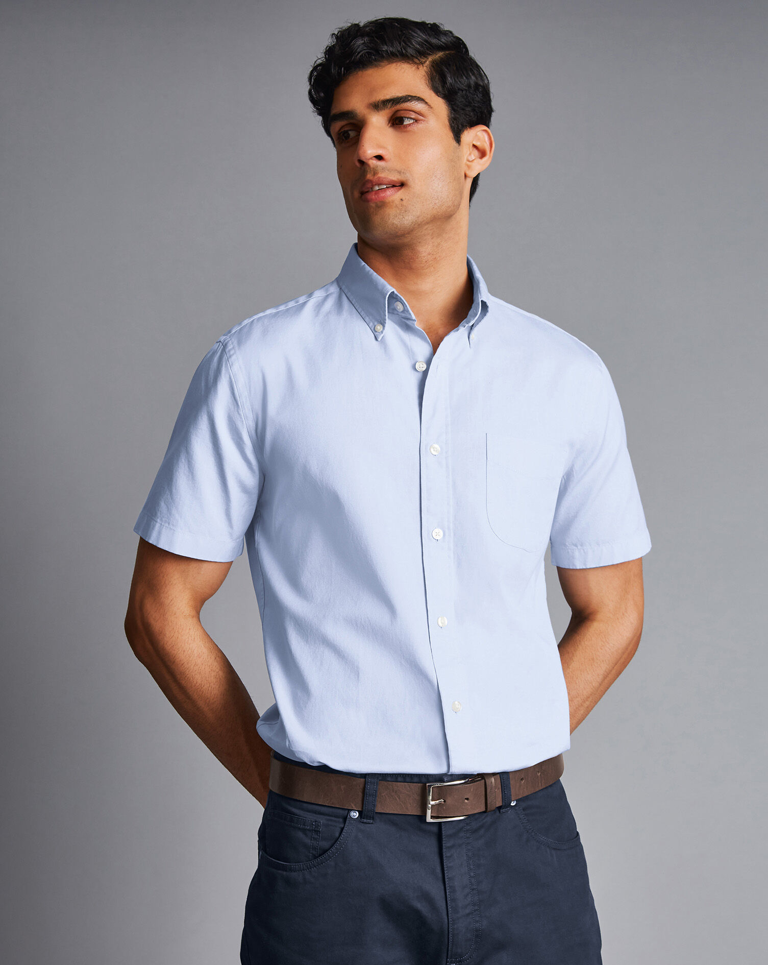 Button-Down Collar Washed Oxford Short Sleeve Shirt - Sky Blue