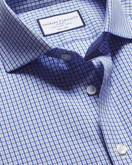 Spread Collar Non-Iron Poplin Grid Check Shirt - Cobalt Blue